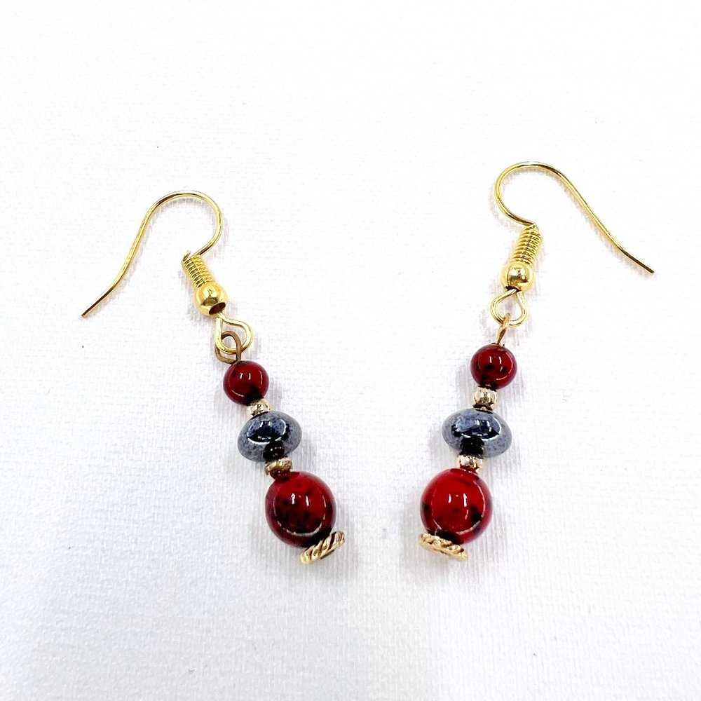 Speckled Red/Black & Grey Beaded Gold Tone Fishhook Earrings